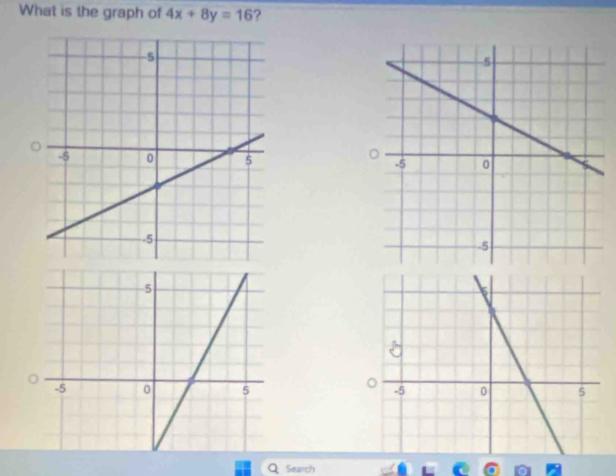 What is the graph of 4x+8y=16 ? 


Search