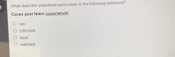 What does the underlined word mean in the following sentence?
Canes post felem cucurrerunt.
ran
criticized
beat
watched