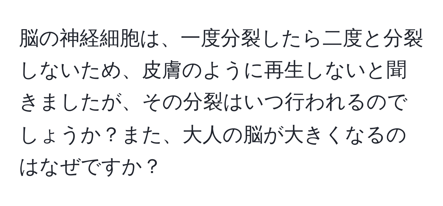 脳の神経細胞は、一度分裂したら二度と分裂しないため、皮膚のように再生しないと聞きましたが、その分裂はいつ行われるのでしょうか？また、大人の脳が大きくなるのはなぜですか？