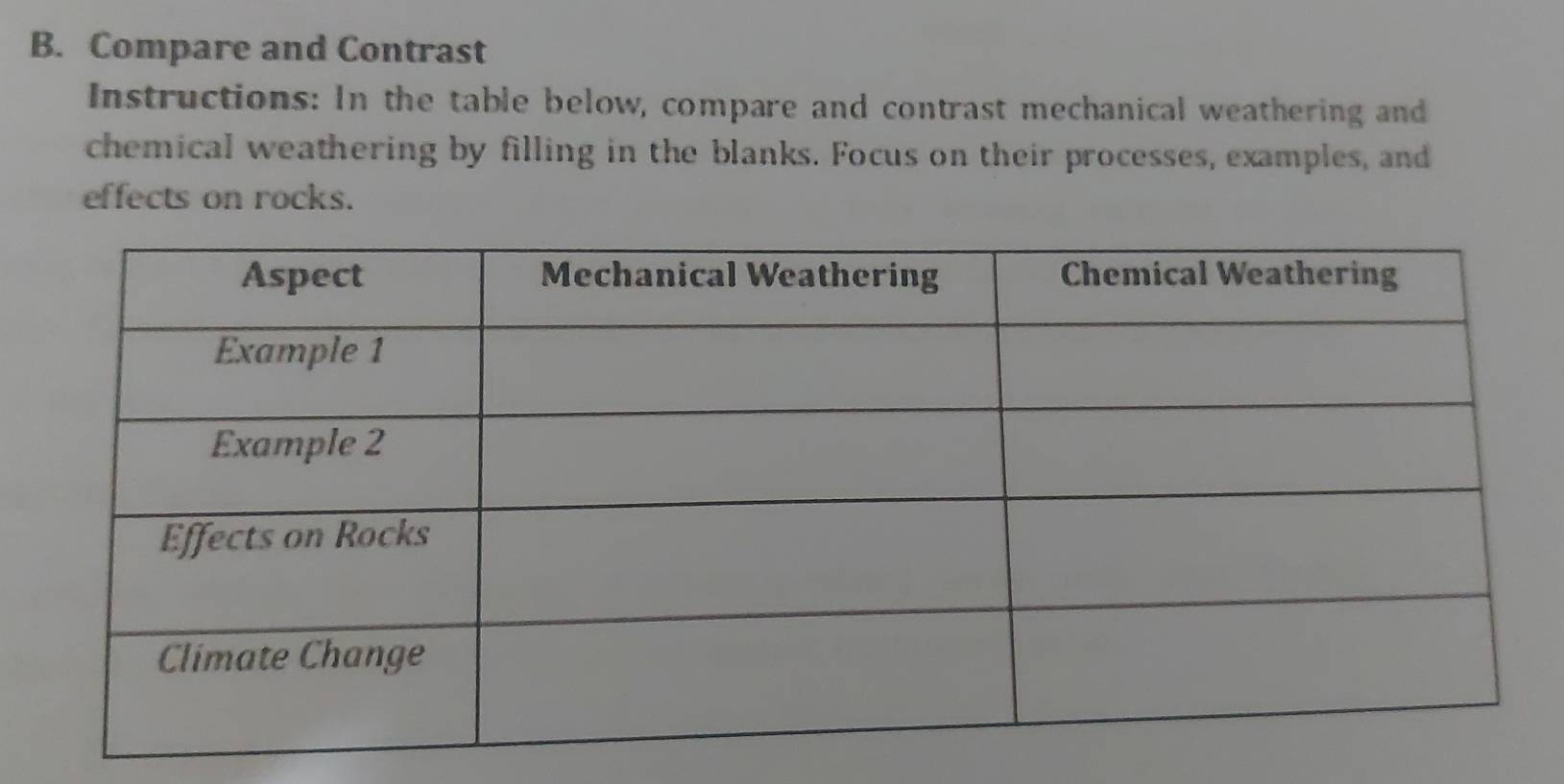 Compare and Contrast 
Instructions: In the table below, compare and contrast mechanical weathering and 
chemical weathering by filling in the blanks. Focus on their processes, examples, and 
effects on rocks.