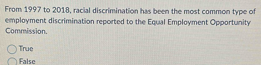 From 1997 to 2018, racial discrimination has been the most common type of
employment discrimination reported to the Equal Employment Opportunity
Commission.
True
False