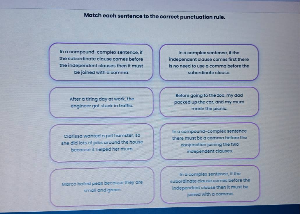 Match each sentence to the correct punctuation rule. 
In a compound-complex sentence, if In a complex sentence, if the 
the subordinate clause comes before independent clause comes first there 
the independent clauses then it must is no need to use a comma before the 
be joined with a comma. subordinate clause. 
Before going to the zoo, my dad 
After a tiring day at work, the 
packed up the car, and my mum 
engineer got stuck in traffic. 
made the picnic. 
In a compound-complex sentence 
Clarissa wanted a pet hamster, so 
there must be a comma before the 
she did lots of jobs around the house 
conjunction joining the two 
because it helped her mum. independent clauses. 
In a complex sentence, if the 
Marco hated peas because they are subordinate clause comes before the 
small and green. independent clause then it must be 
joined with a comma.