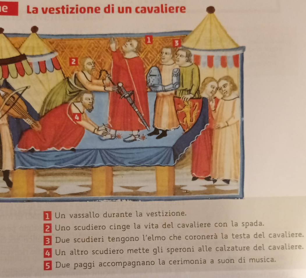 La vestizione di un cavaliere 
1 Un vassallo durante la vestizione. 
2 Uno scudiero cinge la vita del cavaliere con la spada. 
3 Due scudieri tengono l’elmo che coronerà la testa del cavaliere. 
4 Un altro scudiero mette gli speroni alle calzature del cavaliere. 
5 Due paggi accompagnano la cerimonia a suon di musica.