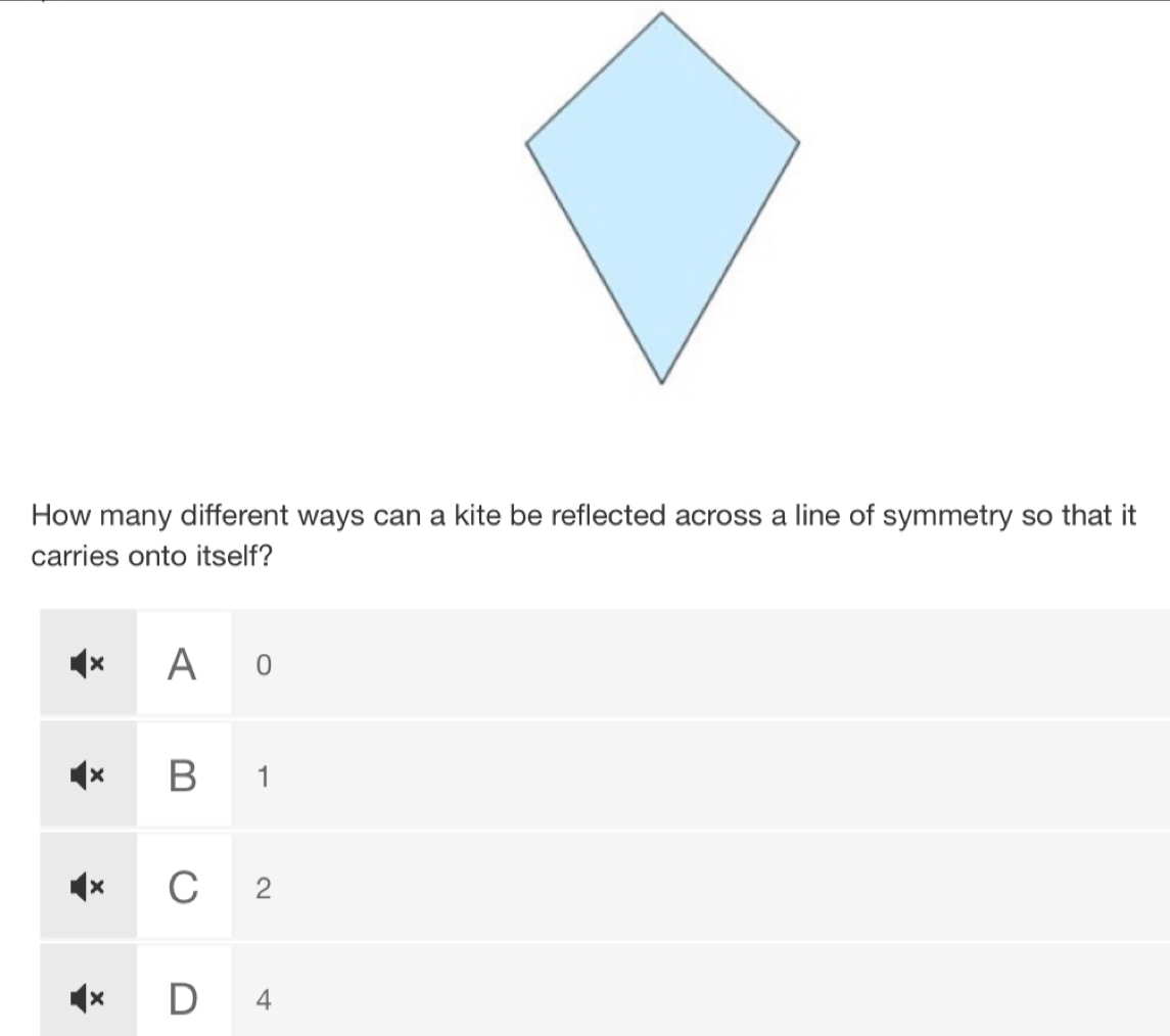 How many different ways can a kite be reflected across a line of symmetry so that it
carries onto itself?
× A 0
× B 1
× C 2
× D 4