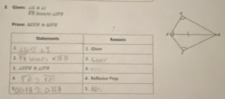 Gluen: ∠ G≌ ∠ I
overline FH Inlloenets ∠ IFH
Prove: △ GFH≌ △ JFH