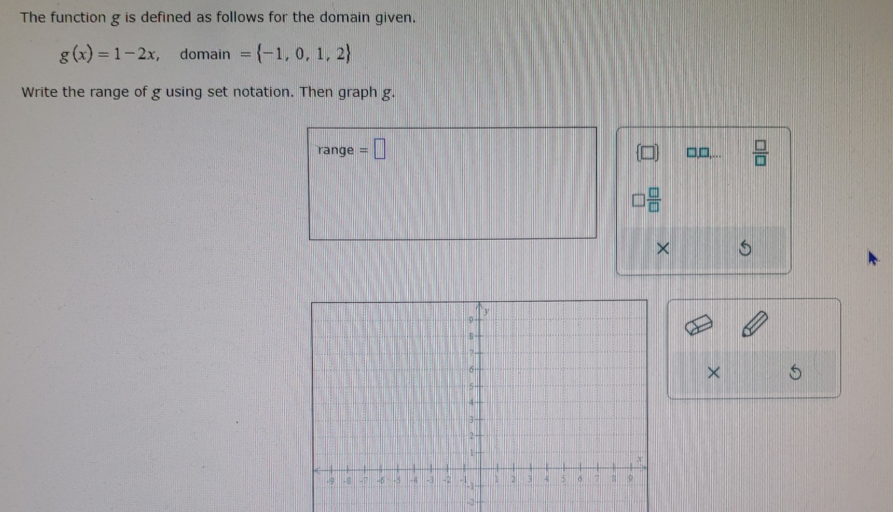 The function g is defined as follows for the domain given.
g(x)=1-2x ， domain = -1,0,1,2
Write the range of g using set notation. Then graph g. 
range =□ □,□,…  □ /□  
□  □ /□  
× 
×
-2 -