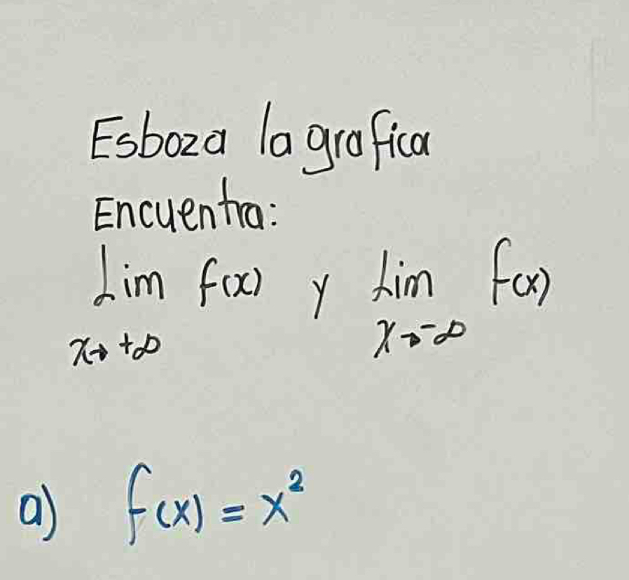 Esboza a grafica 
Encuentra:
limlimits _xto +∈fty f(x)ylim _xto -∈fty f(x)
a f(x)=x^2