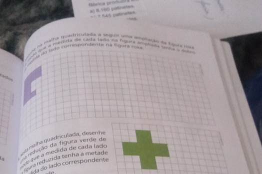 abrioa produbra 
a) 8.160 patiriates.
= 1 7 545 patinetes 
e na malha quadriculada a seguir uma ampliação da fgura roza 
a que a medida de cada lado na fgura amplada tenta a dabo 
da do lado correspondente na figura ro va 
Lados 
a nesta malha quadriculada, desenhe 
uma redução da figura verde de 
do que a medida de cada lado 
figura reduzida tenha a metade 
mida do lado correspondente