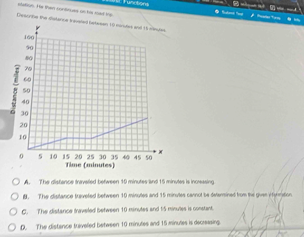 1s1: Functions
station. He then continues on his road trip.
Subeent Tanst Peader Toros
lint,
Describe the distance traveled between 10 minules and 15 minules.
A. The distance traveled between 10 minutes and 15 minutes is increasing.
B. The distance traveled between 10 minutes and 15 minutes cannot be determined from the given infermation.
C. The distance traveled between 10 minutes and 15 minutes is constant.
D. The distance traveled between 10 minutes and 15 minutes is decreasing.