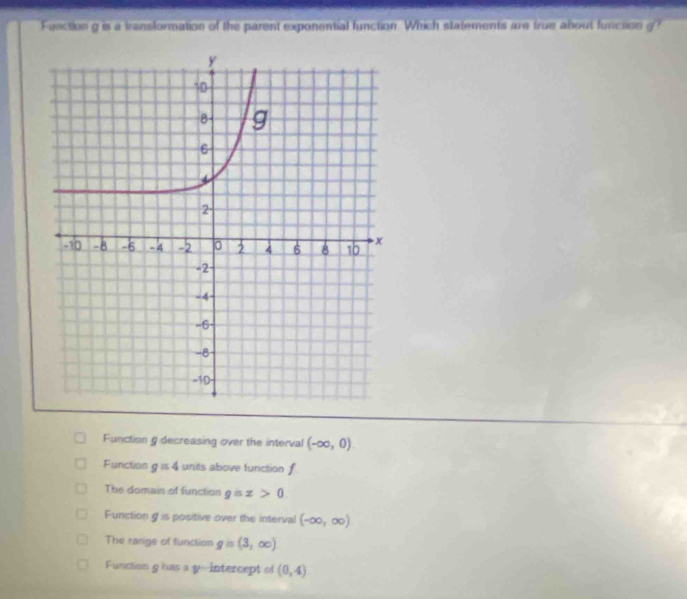 Fenction g is a transformation of the parent exponential function Which statements are true about function g?
Function g decreasing over the interval (-∈fty ,0).
Function g=4 units above tunction f
The domain of function g is x>0
Function g= positive over the interval (-∈fty ,∈fty )
The range of function gin(3,∈fty )
Function g has a y --intercept of (0,4)