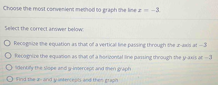 Choose the most convenient method to graph the line x=-3. 
Select the correct answer below:
Recognize the equation as that of a vertical line passing through the x-axis at —3
Recognize the equation as that of a horizontal line passing through the y-axis at —3
Identify the slope and y-intercept and then graph
Find the x - and y-intercepts and then graph