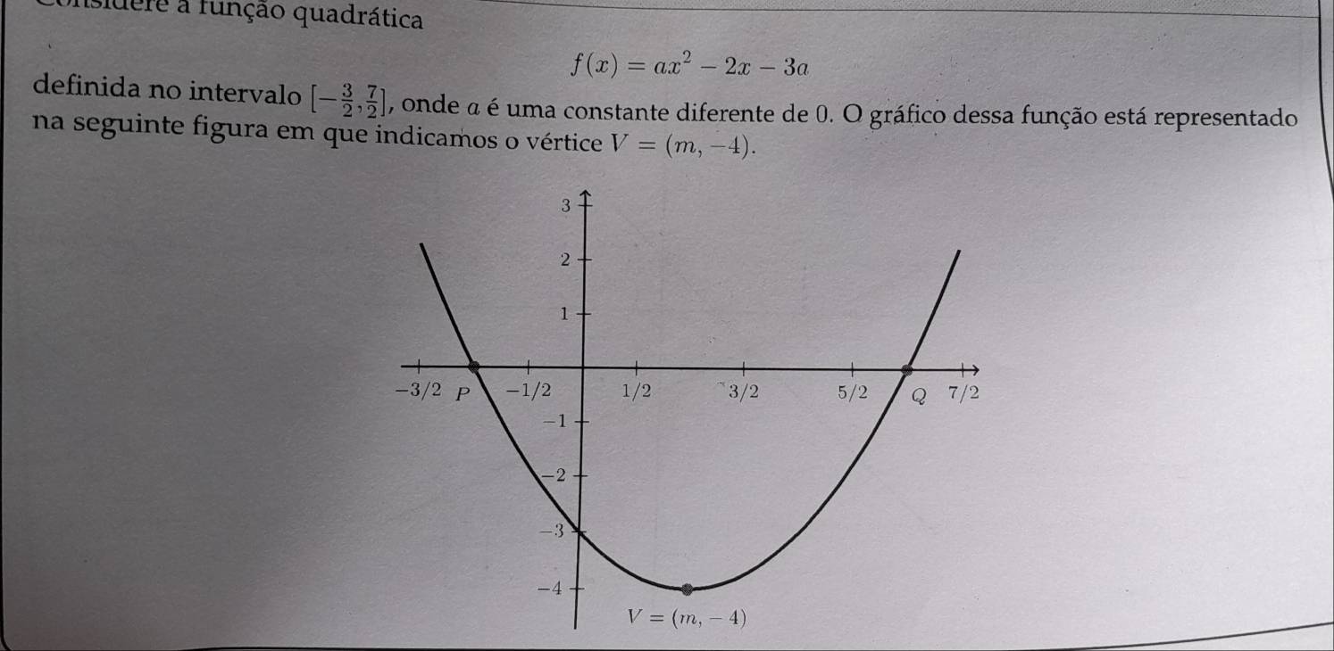 sidere a função quadrática
f(x)=ax^2-2x-3a
definida no intervalo [- 3/2 , 7/2 ] , onde a é uma constante diferente de 0. O gráfico dessa função está representado
na seguinte figura em que indicamos o vértice V=(m,-4).