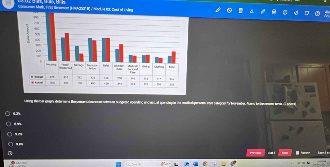 03:02 Bills, Bills, Bills
Consumer Math, First Semester (HMA2531B) / Module 03: 
Using the bar graph, determine the percent decrease between budgeted spending and actual spending in the medical/personal care category for November. Round to the nearest tenth. (2 points)
0.2%
8.9%
9.2%
9.8%
Previous 4 of 5 Next Review Save & ex
I S&P 500 Q Search
1024 5 2:49 PM
+ 0.27%