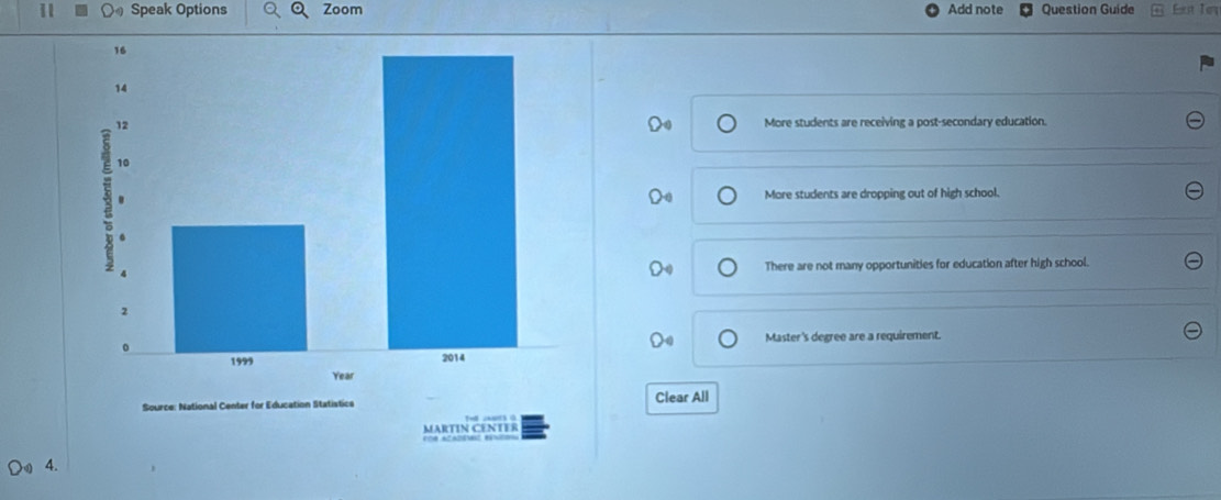 Speak Options Zoom Add note Question Guide Et Ie
More students are receiving a post-secondary education.
More students are dropping out of high school.
There are not many opportunities for education after high school.
Master's degree are a requirement.
Clear All
4.