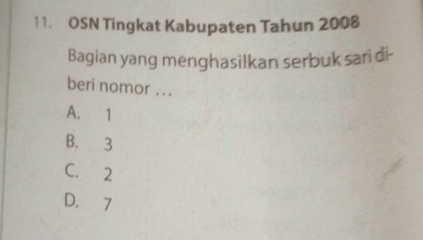 OSN Tingkat Kabupaten Tahun 2008
Bagian yang menghasilkan serbuk sari di-
beri nomor .. .
A. 1
B. 3
C. 2
D. 7