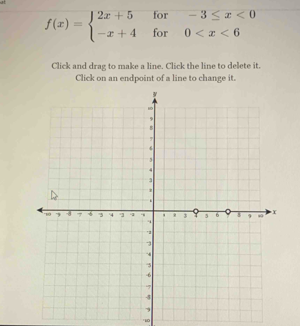 at
f(x)=beginarrayl 2x+5for-3≤ x<0 -x+4for0
Click and drag to make a line. Click the line to delete it. 
Click on an endpoint of a line to change it.
-10