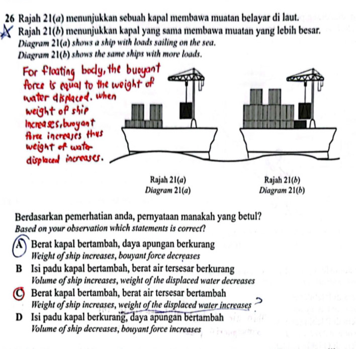 Rajah 21(@) menunjukkan sebuah kapal membawa muatan belayar di laut.
Rajah 21(b) menunjukkan kapal yang sama membawa muatan yang lebih besar.
Diagram 21(a) shows a ship with loads sailing on the sea. 
Diagram 21(b) shows the same ships with more loads.
Berdasarkan pemerhatian anda, pernyataan manakah yang betul?
Based on your observation which statements is correct?
A Berat kapal bertambah, daya apungan berkurang
Weight of ship increases, bouyant force decreases
B Isi padu kapal bertambah, berat air tersesar berkurang
Volume of ship increases, weight of the displaced water decreases
Berat kapal bertambah, berat air tersesar bertambah
Weight of ship increases, weight of the displaced water increases
D Isi padu kapal berkurang, daya apungan bertambah
Volume of ship decreases, bouyant force increases