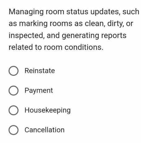 Managing room status updates, such
as marking rooms as clean, dirty, or
inspected, and generating reports
related to room conditions.
Reinstate
Payment
Housekeeping
Cancellation