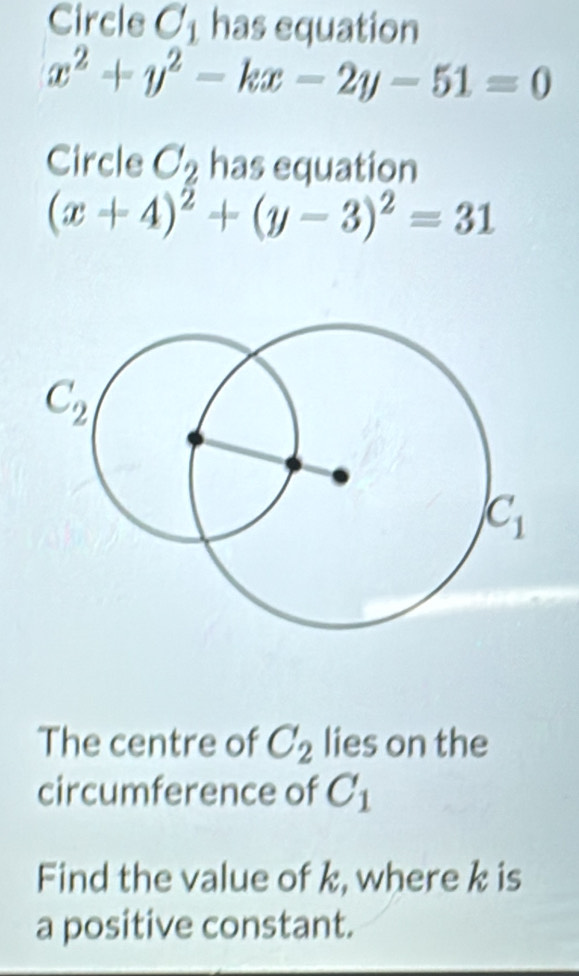 Circle C_1 has equation
x^2+y^2-kx-2y-51=0
Circle C_2 has equation
(x+4)^2+(y-3)^2=31
The centre of C_2 lies on the
circumference of C_1
Find the value of k, where k is
a positive constant.