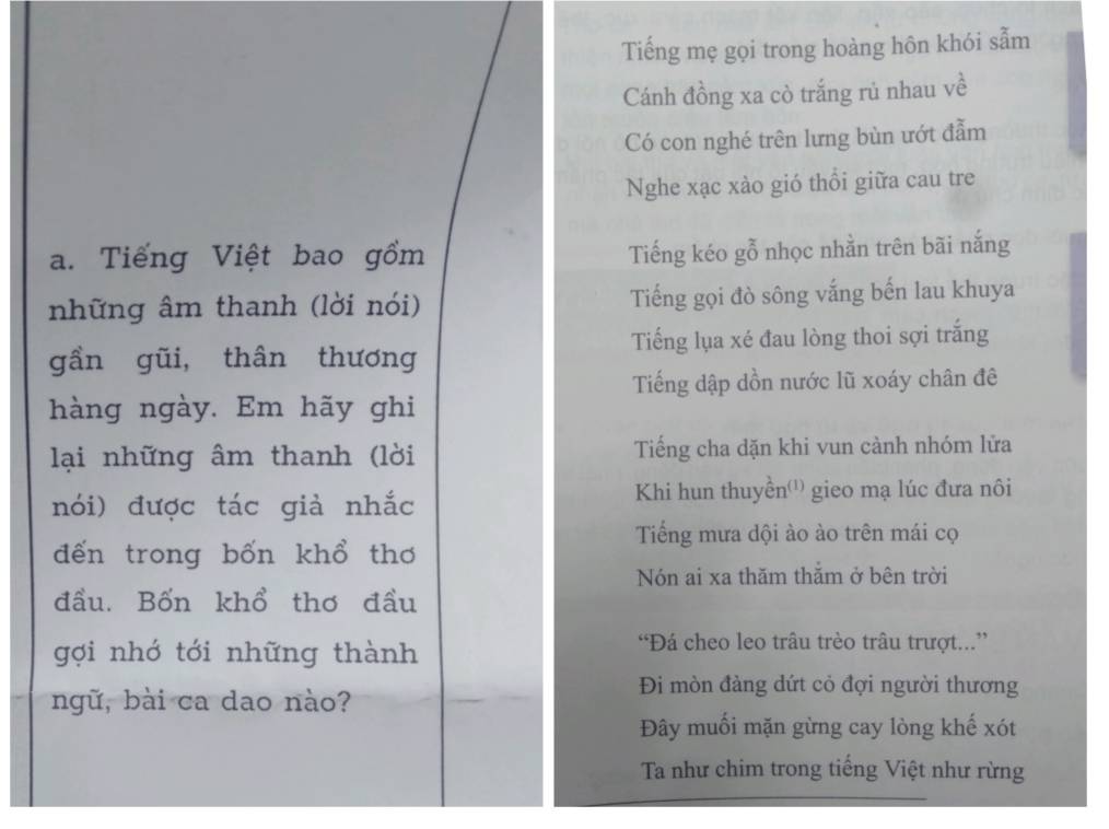 Tiếng mẹ gọi trong hoàng hôn khói sẫm
Cánh đồng xa cò trắng rủ nhau về
Có con nghé trên lưng bùn ướt đẫm
Nghe xạc xào gió thổi giữa cau tre
a. Tiếng Việt bao gồm Tiếng kéo gỗ nhọc nhằn trên bãi nắng
những âm thanh (lời nói) Tiếng gọi đò sông vắng bến lau khuya
gần gũi, thân thương Tiếng lụa xé đau lòng thoi sợi trắng
Tiếng dập dồn nước lũ xoáy chân đê
hàng ngày. Em hãy ghi
lại những âm thanh (lời Tiếng cha dặn khi vun cành nhóm lửa
nói) được tác giả nhắc Khi hun thuyền'') gieo mạ lúc đưa nôi
Tiếng mưa dội ào ào trên mái cọ
đến trong bốn khổ thơ
Nón ai xa thăm thằm ở bên trời
đầu. Bốn khổ thơ đầu
gợi nhớ tới những thành
“Đá cheo leo trâu trèo trâu trượt...”
ngữ, bài ca dao nào?
Đi mòn đảng dứt cỏ đợi người thương
Đây muối mặn gừng cay lòng khế xót
Ta như chim trong tiếng Việt như rừng