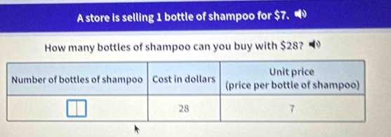 A store is selling 1 bottle of shampoo for $7. 
How many bottles of shampoo can you buy with $28?