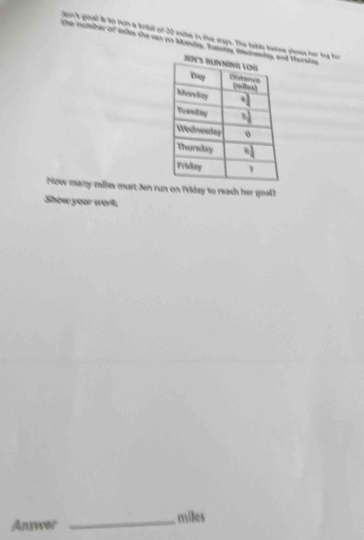 den's good is to rn a total of 22 milus in five days. The table below thims her the fo 
the muteber of inlles she van on Mandas, Taenes, Weinentad Varshre 
How many miles must Jen run on riday to reach her goal! 
Show your work. 
Answer 
_ miles