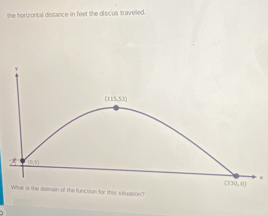 the horizontal distance in feet the discus traveled.
Y
(115,53)
(0,5)
x
(230,0)
What is the domain of the function for this situation?