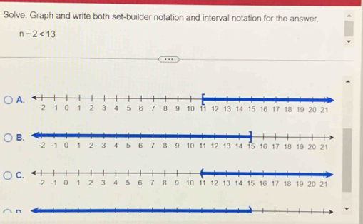 Solve. Graph and write both set-builder notation and interval notation for the answer.
n-2<13</tex>