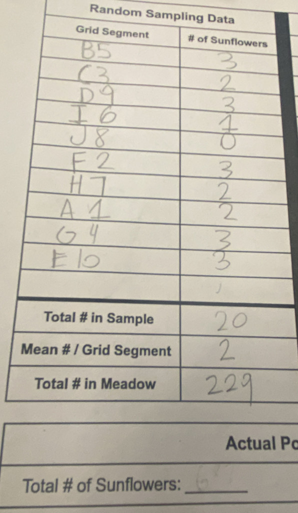 Random Sampling Data 
Po 
Total # of Sunflowers:_