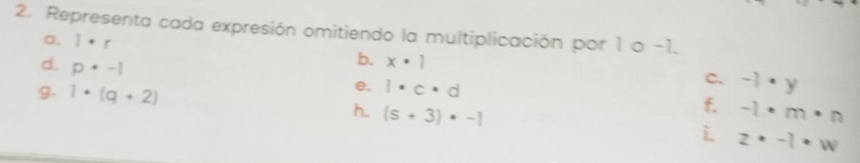 Representa cada expresión omitiendo la multiplicación por 1 o -1. 
a. 1· r
d. p· -1
b. x· 1
C. 
g. 1· (q+2)
e. 1· c· d -1· y
f. 
h. (s+3)· -1 -1· m· n
i. z· -1· w