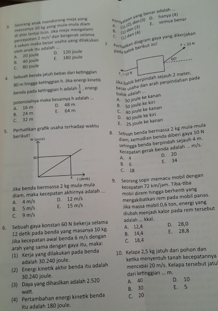 Seorang anak mendorong meja yang
Peryataan yang benar adalah ....
E. semua benar
massanya 10 kg yang mula-mula diam A.
di atas lantai licin. Jika meja mengalami
6. (1) dan (3) (11 (2), dan (3) D. hanya (4)
7. Perhankan diagram gaya yang dikerjakan
3 sekon maka besar usaha yang diakukan 2m/s^2 dan bergerak selama C. (1) dan (4)
percepatan
oleh anak itu adalah ... D. 120 joule Pada balok berikut ini! F=20N
E. 180 joule
B. 40 joule A. 20 joule
60°
C. 80 joule
4. Sebuah benda jatuh bebas dari ketinggian F_1=10N
80 m hingga ketinggian h. Jika energi kinetik
Jika balok berpindah sejauh 2 meter,
benda pada ketinggian h adalah  1/4  , energi besar usaha dan arah perpindahan pada
potensialnya maka besarnya h adalah ... balok adalah ...
A. 50 joule ke kanan
B. 50 joule ke kiri
A. 16 m D. 48 m E. 64 m C. 40 joule ke kanan
B. 24 m
C. 32 m
D. 40 joule ke kiri
E. 25 joule ke kanan
5. Perhatikan grafik usaha terhadap waktu 8. Sebuah benda bermassa 2 kg mula-mula
berikut! 
diam, kemudian benda diberi gaya 10 N
sehingga benda berpindah sejauh 4 m.
Kecepatan gerak benda adalan ... m/s.
A. 4
D. 20
B. 6
E. 34
C. 18
Jika benda bermassa 2 kg mula-mula 9. Seorang sopir memacu mobil dengan
diam, maka kecepatan akhirnya adaiah ... kecepatan 72 km/jam. Tiba-tiba
A. 4 m/s D. 12 m/s mobil direm hingga berhenti yang
B. 5 m/s E. 15 m/s mengakibatkan rem pada mobil panas.
C. 9 m/s Jika massa mobil 0,6 ton, energi yang
diubah menjadi kalor pada rem tersebut
6. Sebuah gaya konstan 60 N bekerja selama A. 12,4 adalah ... kkal. D. 28,0
12 detik pada benda yang masanya 10 kg.
Jika kecepatan awal benda 6 m/s dengan B. 14,4 E. 28,8
arah yang sama dengan gaya itu, maka: C. 18,4
(1) Kerja yang dilakukan pada benda 10. Kelapa 2,5 kg jatuh dari pohon dan
adalah 30.240 joule. ketika menyentuh tanah kecepatannya
(2) Energi kinetik akhir benda itu adalah mencapai 20 m/s. Kelapa tersebut jatu
30.240 joule. dari ketinggian ... m.
(3) Daya yang dihasilkan adalah 2.520 A. 40 D. 10
watt. E. 5
(4) Pertambahan energi kinetik benda B. 30 C. 20
itu adalah 180 joule.