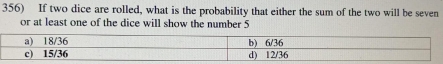 If two dice are rolled, what is the probability that either the sum of the two will be seven 
or at least one of the dice will show the number 5