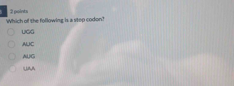 3 2 points
Which of the following is a stop codon?
UGG
AUC
AUG
UAA