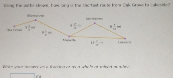 Using the paths shown, how long is the shortest route from Oak Grove to Lakeside? 
Silvergrove 
Morristown 
Oak Grove 5 2/5 mi
6 14/15 mi
8 4/15 mi
9 1/5 mi
Allenville 13 7/15 mi Lakeside 
Write your answer as a fraction or as a whole or mixed number.
□ mi