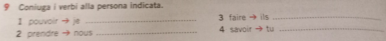 Coniuga i verbi alla persona indicata. 
1 pouvoir → je _3 faire → ils_ 
2 prendre → nous _4 savoir → tu_