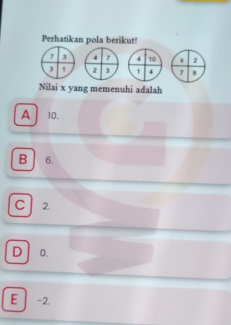 Perhatikan pola berikut!
4 7
2 3
Nilai x yang memenuhi adalah
A 10.
B 6.
C 2.
D 0.
E -2.