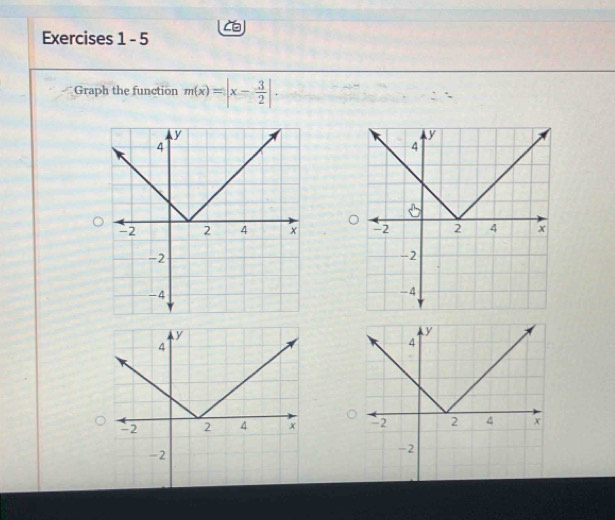 Graph the function m(x)=|x- 3/2 |.