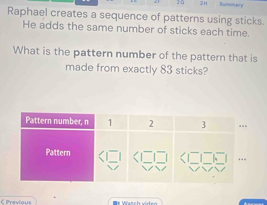 2F 2G 2H Summary 
Raphael creates a sequence of patterns using sticks. 
He adds the same number of sticks each time. 
What is the pattern number of the pattern that is 
made from exactly 83 sticks? 
Previous Watch video