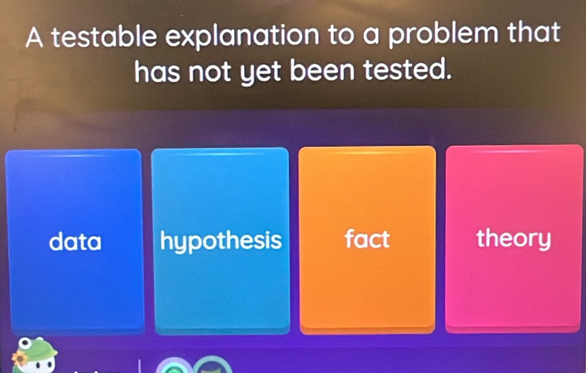 A testable explanation to a problem that
has not yet been tested.
data hypothesis fact theory