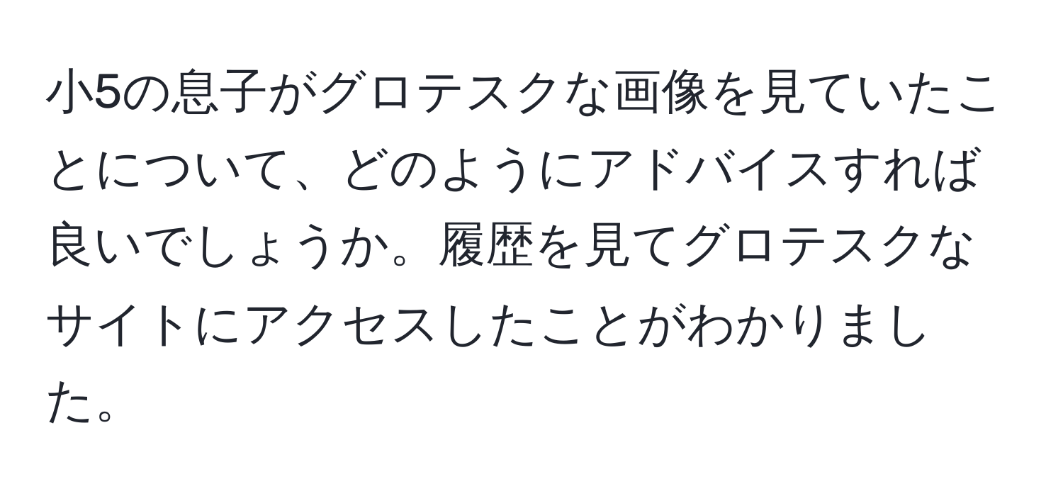 小5の息子がグロテスクな画像を見ていたことについて、どのようにアドバイスすれば良いでしょうか。履歴を見てグロテスクなサイトにアクセスしたことがわかりました。