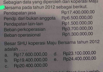 Sebagian data yang diperoleh dari koperasi Maju
Bersama pada tahun 2012 sebagai berikut.
Pendapatan jasa Rp17.400.000,00
Pendp. dari bukan anggota Rp6.500.000,00
Pendapatan lain-lain Rp1.500.000,00
Beban perkoperasian Rp3.700.000,00
Beban operasional Rp1.300.000,00
Besar SHU koperasi Maju Bersama tahun 2012
adalah . . . .
a. Rp17.600.000,00 d. Rp23.100.000,00
b. Rp19.400.000,00 e. Rp24.400.000,00
c. Rp20.400.000,00
n jumlsh .