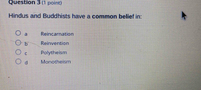 Hindus and Buddhists have a common belief in:
a Reincarnation
b Reinvention
C Polytheism
d Monotheism