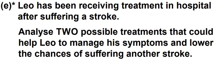 Leo has been receiving treatment in hospital 
after suffering a stroke. 
Analyse TWO possible treatments that could 
help Leo to manage his symptoms and lower 
the chances of suffering another stroke.