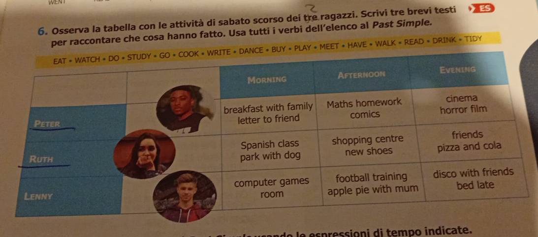 Osserva la tabella con le attività di sabato scorso dei tre ragazzi. Scrivi tre brevi testi ES
per raccontare che cosa hanno fatto. Usa tutti i verbi dell’elenco al Past Simple.
ado  e  spressioni di tempo indicate.