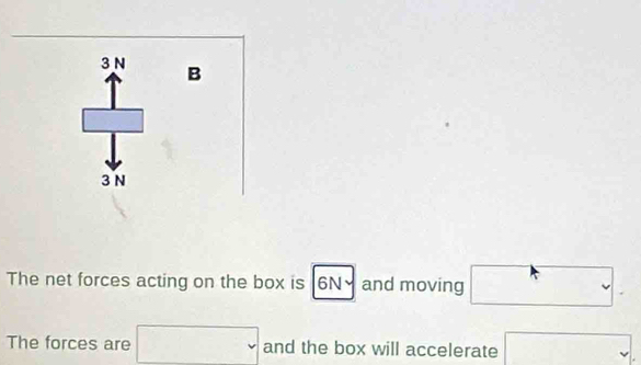 3 N B
3 N
The net forces acting on the box is 6N and moving 
The forces are □ and the box will accelerate