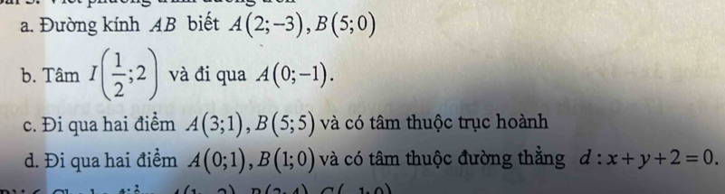 Đường kính AB biết A(2;-3), B(5;0)
b. Tâm I( 1/2 ;2) và đi qua A(0;-1). 
c. Đi qua hai điểm A(3;1), B(5;5) và có tâm thuộc trục hoành 
d. Đi qua hai điểm A(0;1), B(1;0) và có tâm thuộc đường thẳng d:x+y+2=0. 
n)