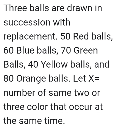 Three balls are drawn in 
succession with 
replacement. 50 Red balls,
60 Blue balls, 70 Green 
Balls, 40 Yellow balls, and
80 Orange balls. Let X=
number of same two or 
three color that occur at 
the same time.