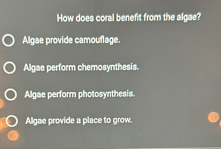 How does coral benefit from the algae?
Algae provide camouflage.
Algae perform chemosynthesis.
Algae perform photosynthesis.
Algae provide a place to grow.