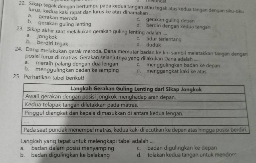 meloncat
22. Sikap tegak dengan bertumpu pada kedua tangan atau tegak atas kedua tangan dengan siku-siku
lurus, kedua kaki rapat dan lurus ke atas dinamakan ....
a. gerakan meroda c. gerakan guling depan
b. gerakan guling lenting d. berdiri dengan kedua tangan
23. Sikap akhir saat melakukan gerakan guling lenting adalah ....
a. jongkok c. tidur terlentang
b. berdiri tegak d. duduk
24. Dana melakukan gerak meroda. Dana memutar badan ke kiri sambil meletakkan tangan dengan
posisi lurus di matras. Gerakan selanjutnya yang dilakukan Dana adalah ....
a. meraih palang dengan dua lengan c. menggulingkan badan ke depan
b. menggulingkan badan ke samping d. menggangkat kaki ke atas
25. Perhatikan tabel berikut!
Langkah yang tepat untuk melengkapi tabel adalah ....
a. badan dalam posisi menyamping c. badan digulingkan ke depan
b. badan digulingkan ke belakang d. tolakan kedua tangan untuk mendo