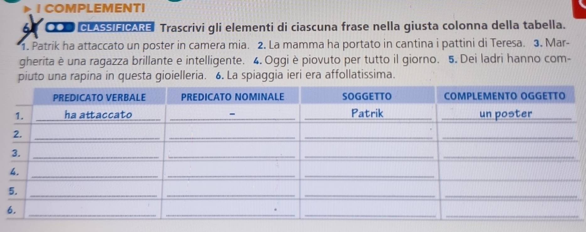 COMPLEMENTI 
6 COO CLASSIFICARE Trascrivi gli elementi di ciascuna frase nella giusta colonna della tabella. 
1. Patrik ha attaccato un poster in camera mia. 2. La mamma ha portato in cantina i pattini di Teresa. 3. Mar- 
gherita è una ragazza brillante e intelligente. 4. Oggi è piovuto per tutto il giorno. 5. Dei ladri hanno com- 
piuto una rapina in questa gioielleria. 6. La spiaggia ieri era affollatissima.